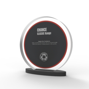 A render of Disc Shaped Financial Tombstones with card embedded with oval base