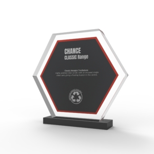 A render of hexagonal Shaped Financial Tombstones with card embedded with rectangular base