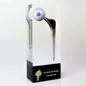 An recognition award featuring a golf ball mid-air after impact with a club, symbolized with a dynamic metal sculpture on a rectangular base, labeled "mr. henry mj mcgee - 'the big dog'".