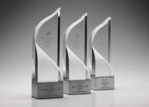 Three crystal recognition awards for wellness & spa innovation 2018 on a gradient gray background, each labeled differently as beauty & body care awards.