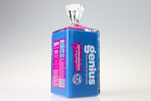 Bright blue and pink replica bread loaf packaging, deal toys labeled "98 loads superconcentrated," isolated on a light background.