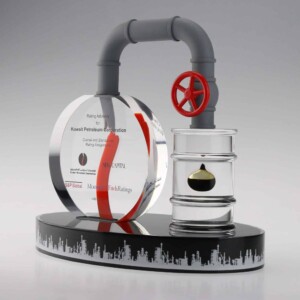 A modern deal toys design featuring a clear circular disc with red and silver stripes, mounted on a base with city skyline motifs. above the disc, there's a metal pipe and valve, leading to a miniature oil barrel with a drop of oil.