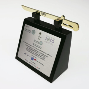 A deal toys plaque with a golden sword on top, featuring arabic and english inscriptions about a finance ministry award, set on a white background.