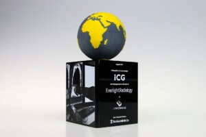 A small globe mounted on a black pedestal with deal toys logos and text, including "everlight radiology," on a gradient gray background.