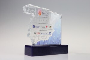 Acrylic financial tombstones on a black base features engraved text and the logos of several investment banks and financial institutions. the background is gray, enhancing the clarity and details of the award.