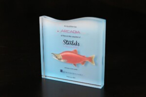 Sleek, transparent financial tombstones with a design featuring a red fish and text about an acquisition by arcadia, staged on a black background. the date on the award is february 2021.