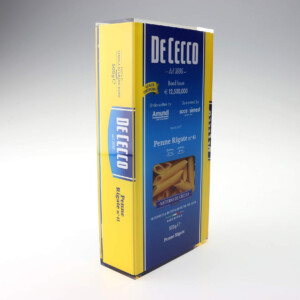 A box of de cecco penne rigate pasta, number 41, displayed in a vertical position. the packaging is yellow and blue with product details visible on the side.