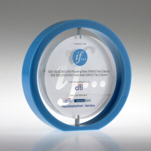 Transparent acrylic financial tombstones with blue circular accents, featuring engraved text about financial achievements and several bank logos at the base. the trophy symbolises a financial award from November 2016.