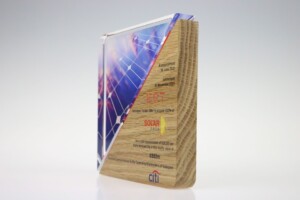 tombstones with a shiny blue solar panel design on the front cover and text information on a wooden-look back standing upright against a white background.