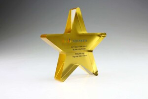 Golden star-shaped deal toys with the novartis logo and text that reads "2017 gsd star award - bunavatly basser, trinegl and toggled acd team" on a gentle gradient background.