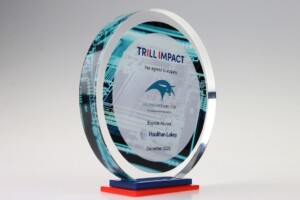 Acrylic tombstones on a red base displaying text with the logo of a dolphin. the award is for trill impact acquiring kimbrer computer with houlihan lokey as the advisor, dated december 2022.