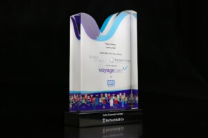 Modern tombstones with a translucent, wavy top design and a printed base detailing various company logos and a crowd of diverse small figures. the text on the award mentions "project venus" and a date.